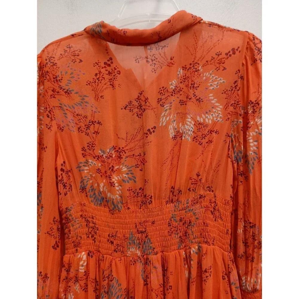 Free People Mini Dress Womens Small Orange Floral Boho Smocked Waist Long Sleeve - Picture 4 of 10